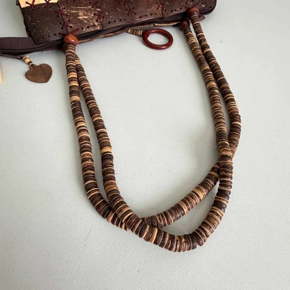 VR Collections Handmade Coconut Shell Bag Boho Checkered Beaded Handle Brown Tan